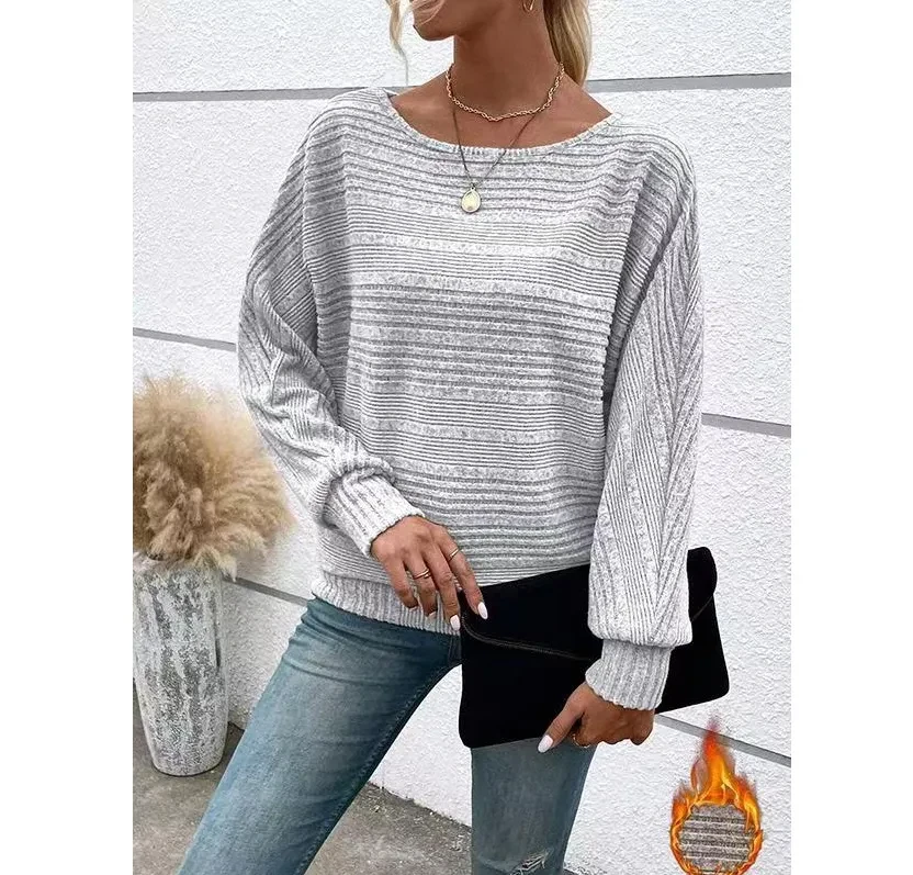 Solid Striped Batwing Sleeves T-shirt Fashion Casual Pullover Round Neck Long Sleeve Top Spring And Autumn Women's Clothing
