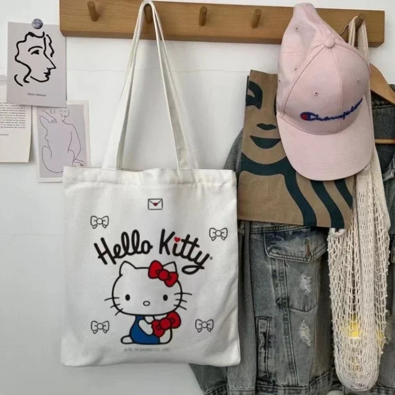 MINISO Disney Women Cute Hello Kitty Canvas Tote Bag  Femme Shopping Shoulder Bag, Travel Tote, Luxury Designer Handbag
