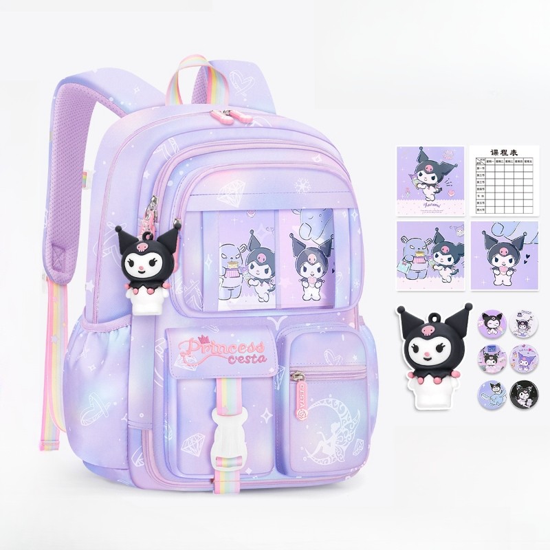MINISO Sanrio Kuromi Student Backpack  Kawaii Reduce Burden Protect Spine Kids Schoolbag, Cute Cartoon Light Book Bag, Girl Gift