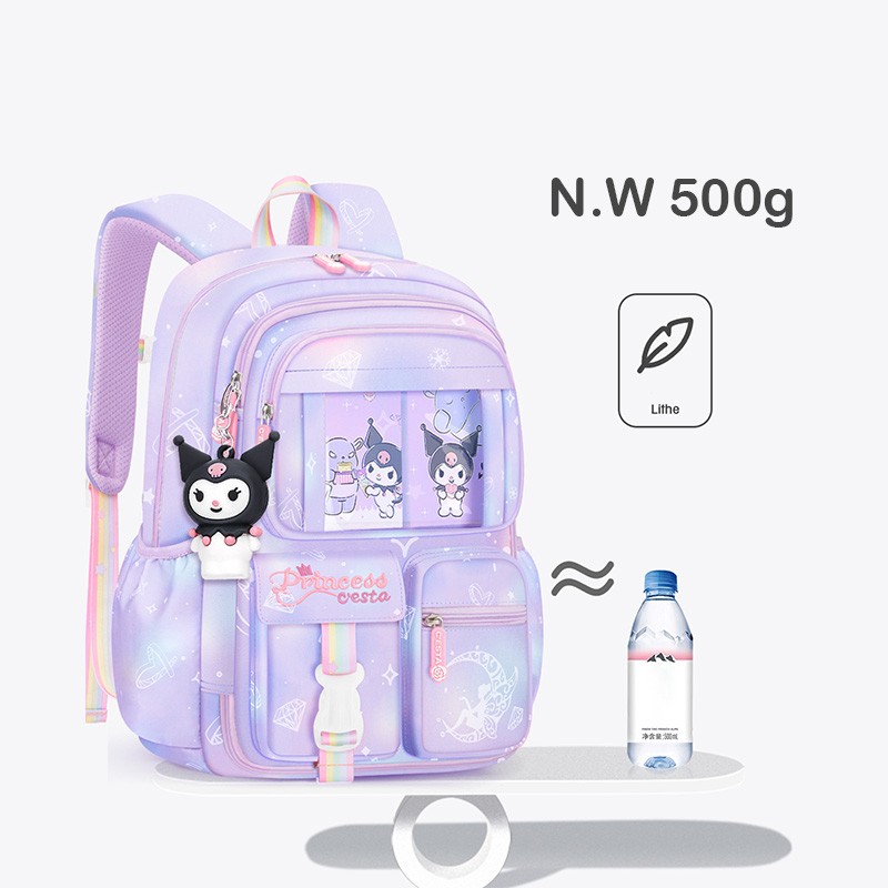 MINISO Sanrio Kuromi Student Backpack  Kawaii Reduce Burden Protect Spine Kids Schoolbag, Cute Cartoon Light Book Bag, Girl Gift