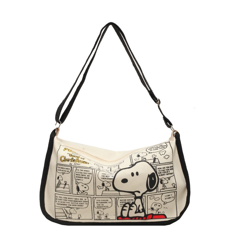 MINISO Snoopy Cartoon Cute Print Canvas Bag  Large Capacity One Shoulder Dumpling Bag, Women's Crossbody Bag