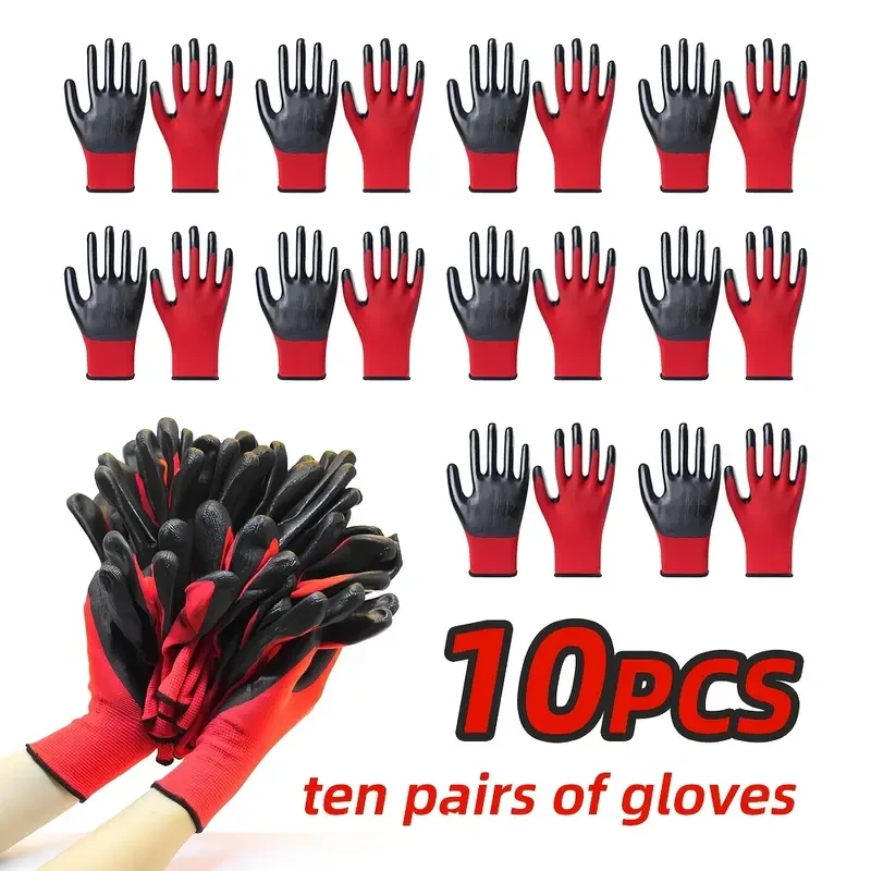 10 Pairs of Nitrile Work Gloves, Offering Excellent Grip, Slip-Resistant And Durable, Suitable for Repairing Buildings, Warehouses, Gardens, And Garage Work, Ideal for Both Men And Women.