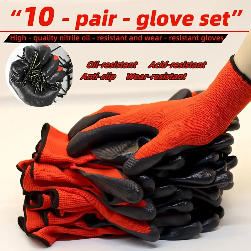 10 Pairs of Nitrile Work Gloves, Offering Excellent Grip, Slip-Resistant And Durable, Suitable for Repairing Buildings, Warehouses, Gardens, And Garage Work, Ideal for Both Men And Women.