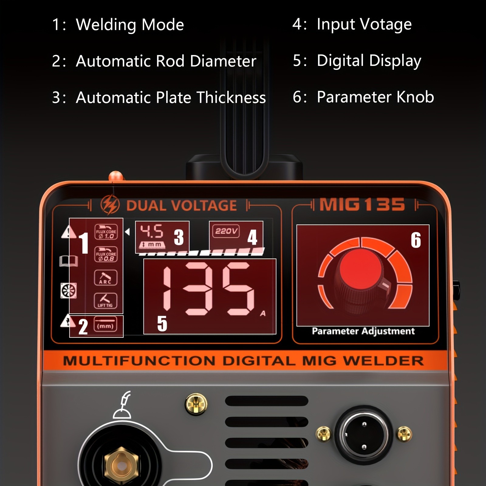 135A Flux Core MIG Welder 110V/220V 3-IN-1 MIG/ARC/Lift TIG Welding Machine IGBT DC Inverter Gasless Welder Synergy Welding Machine