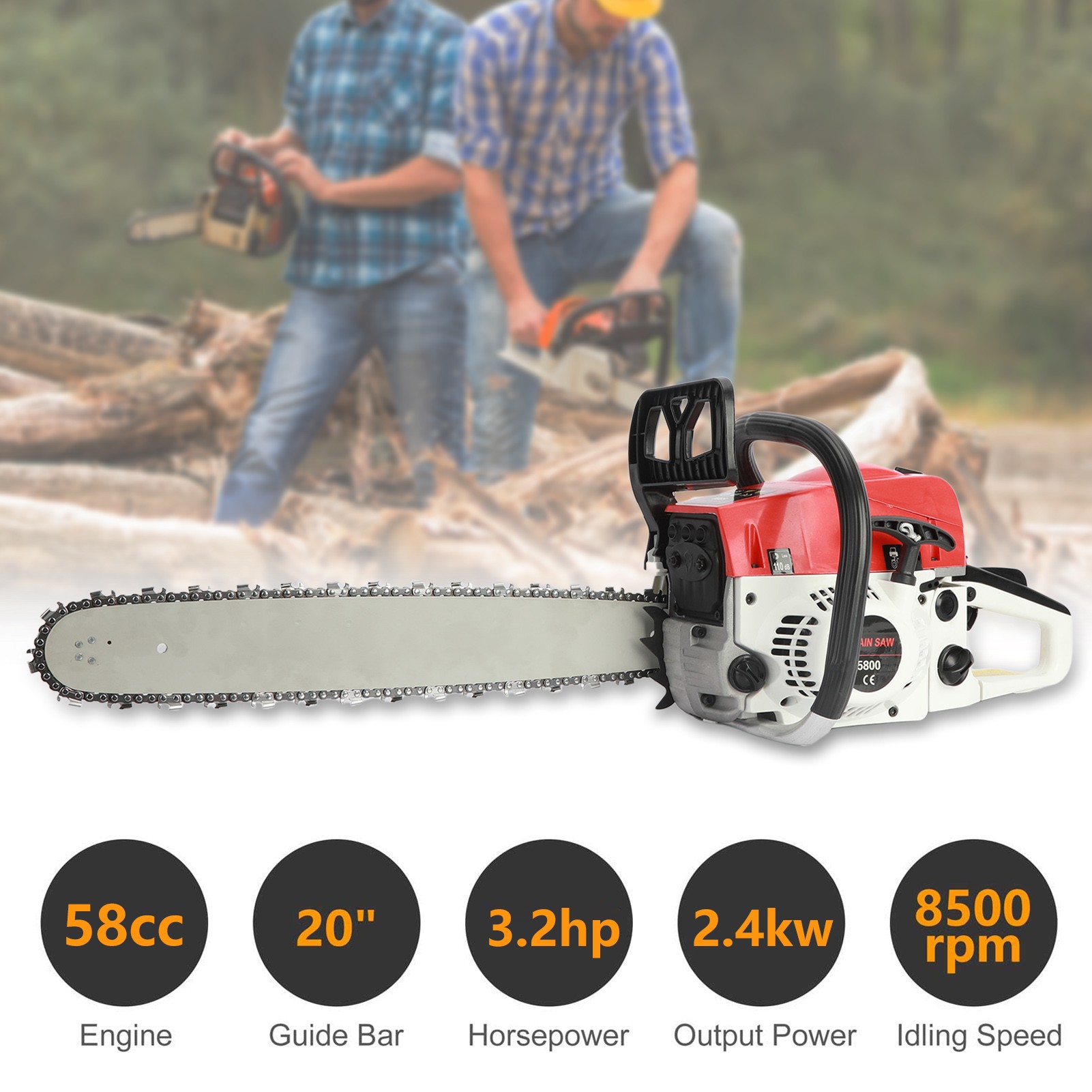 21.67-Inch High-Powered Versatile 58-Cubic-Centimeter Rust-Resistant Wood Chainsaw for Wood Cutting