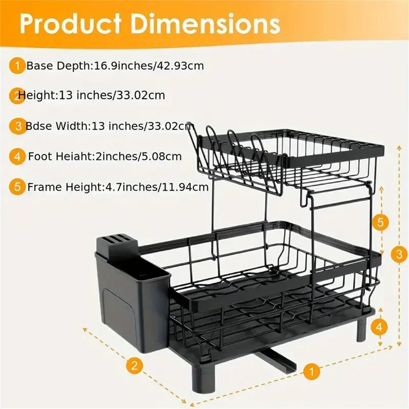 Space-Saving 2-Tier Iron Dish Rack with Utensil Holder - Rust-Proof, Easy Clean Kitchen Organizer