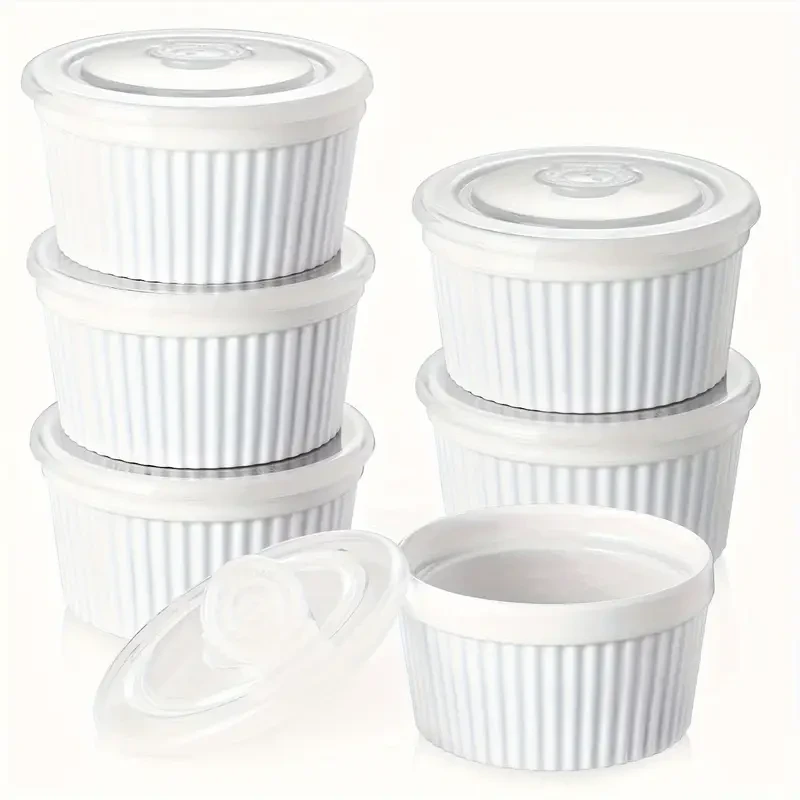 6-Pack Porcelain White Ceramic Ramekins with Lids