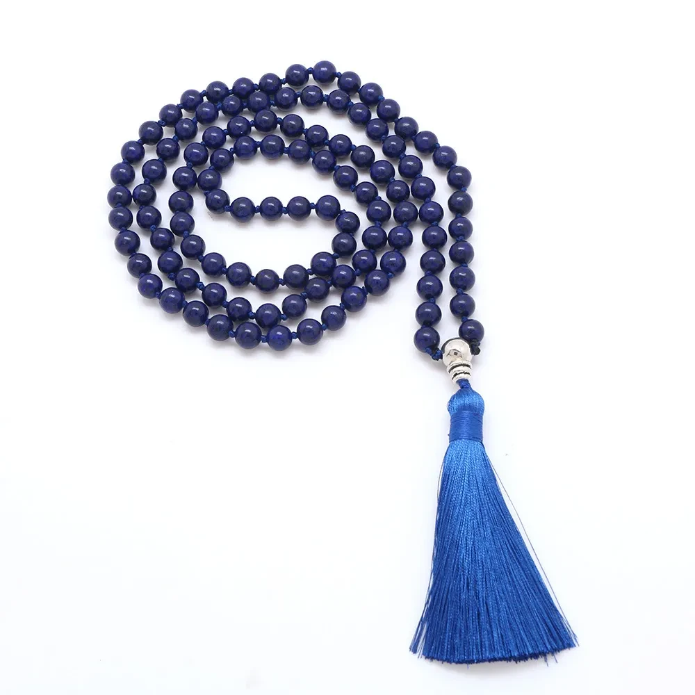 Blue Sandstone 8mm Natural Stone 108 Handmade Tassel Necklace