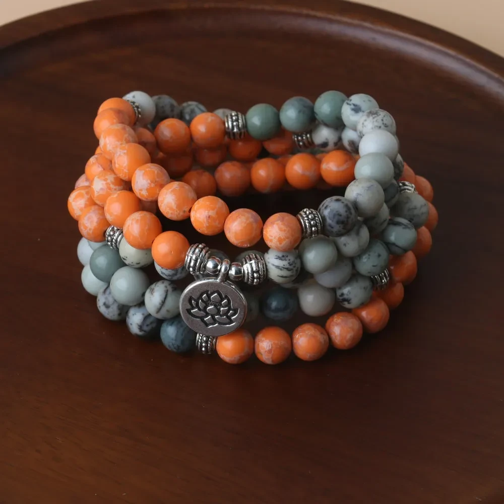 Natural Stone 108 PCs Rosary Bracelet Necklace Lotus Pendant
