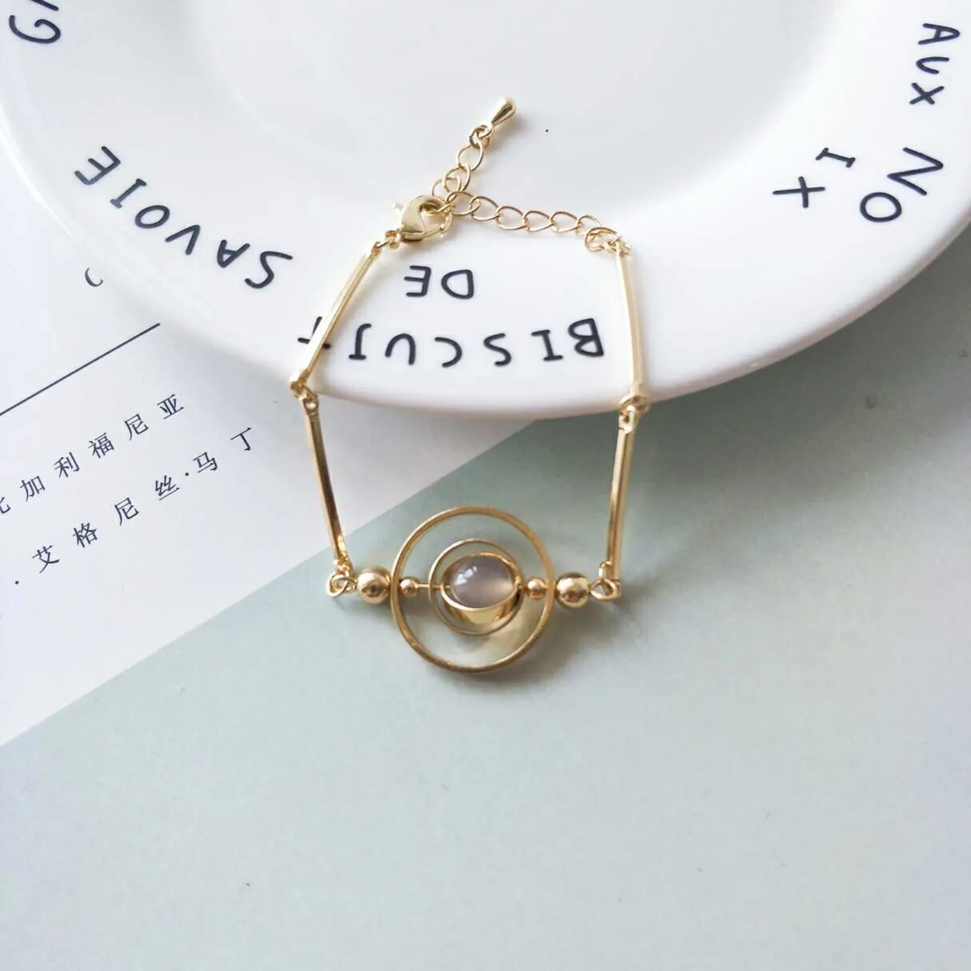 Bracelet Sphere Stone Peacock Green Grey Circle Geometric Overlapping