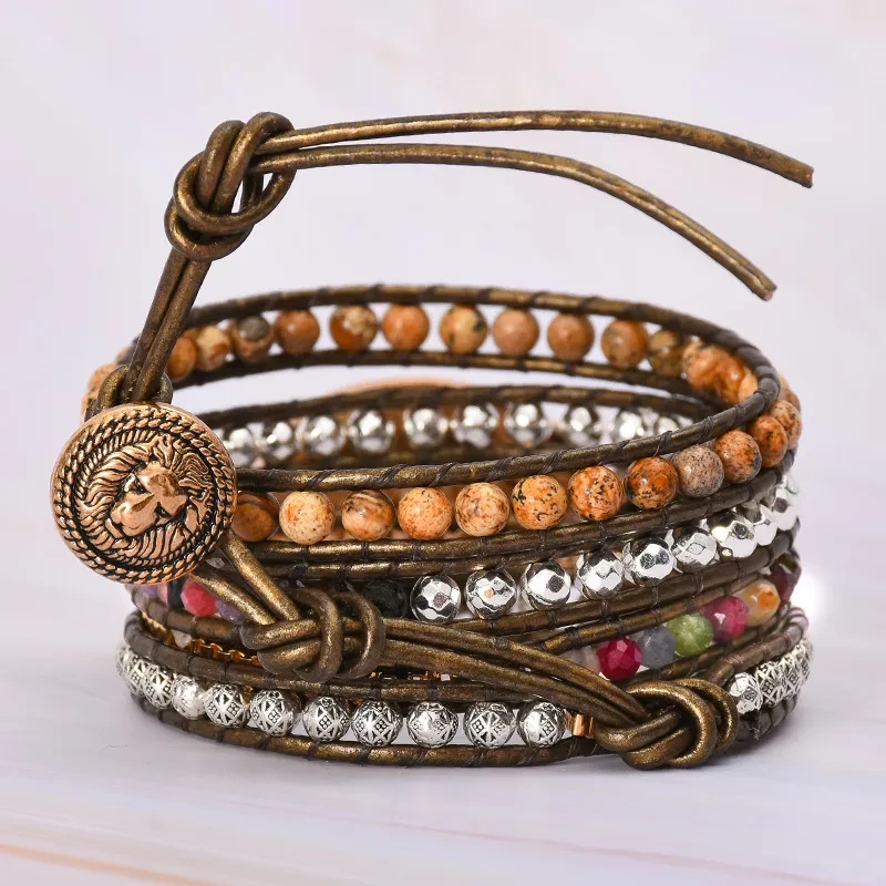 Hot Selling Natural Picture Stone 5 Circle Winding Leather Bracelet