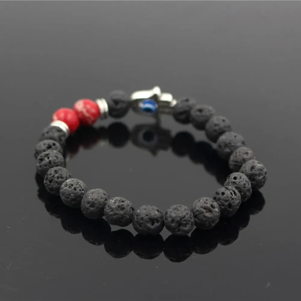Lava Volcanic Stone Red Pine Beads Bracelet Hand Of Fatima