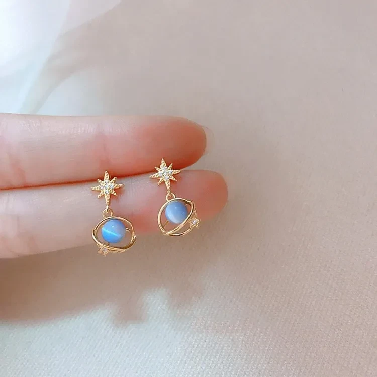 Star Universe Zircon S925 Silver Blue Opal Stone Ear Studs