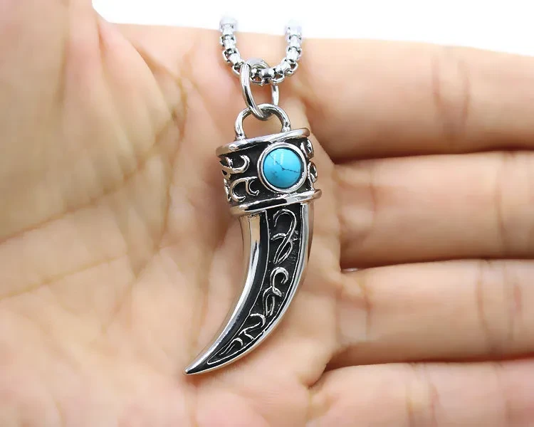 Vintage Men's Titanium Steel Wolf Tooth Blue Pine Stone Pendant