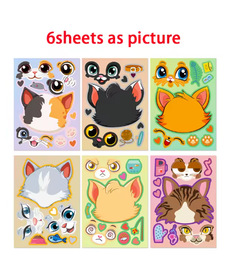 6-24Sheet Make Your Own Cats Stickers Kids DIY Make-A-Face Sticker Party Games School Activity Reward Puzzle Jigsaw Children Toy