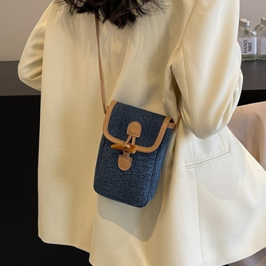 Vertical Denim Mobile Phone Bag Women's Horn Button Shoulder Messenger Bag