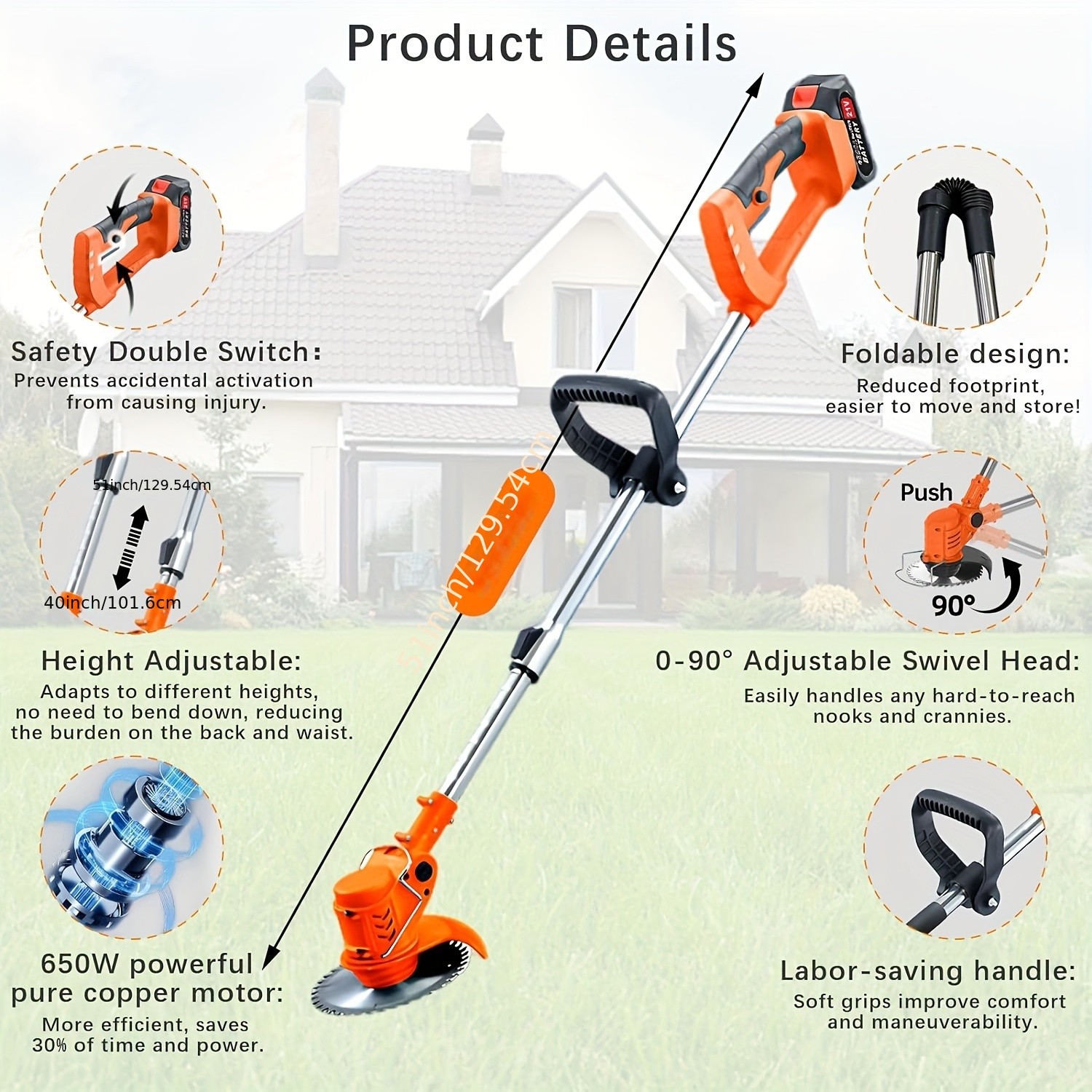 Electric Weed Wacker with Wheels Stringless Grass Trimmer, 4-in-1 Electric Weed Eater/Edger/Bush Trimmer/Mower, Length & Angle Adjustable Weed Trimmer with 2Pcs 21V/2000mAh Battery