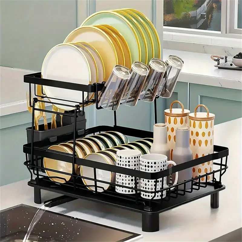 Space-Saving 2-Tier Iron Dish Rack with Utensil Holder - Rust-Proof, Easy Clean Kitchen Organizer