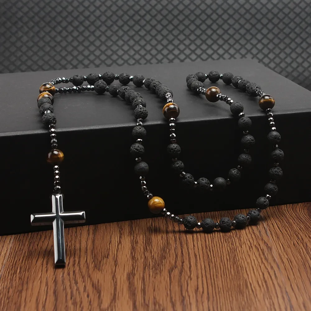Natural Stone Black Volcanic Rock Yellow Tiger Eyes Haematite Cross Religion Men's Necklace Beads
