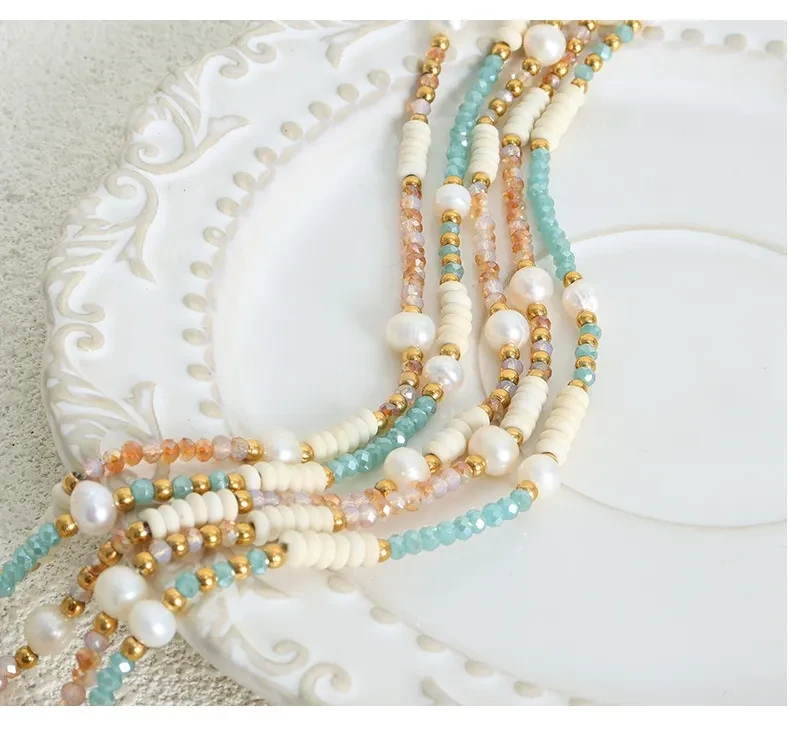 Titanium Colorful Ball Chain Natural Freshwater Pearl Glass Stone Necklace Wild Titanium Steel Bead String Jewelry