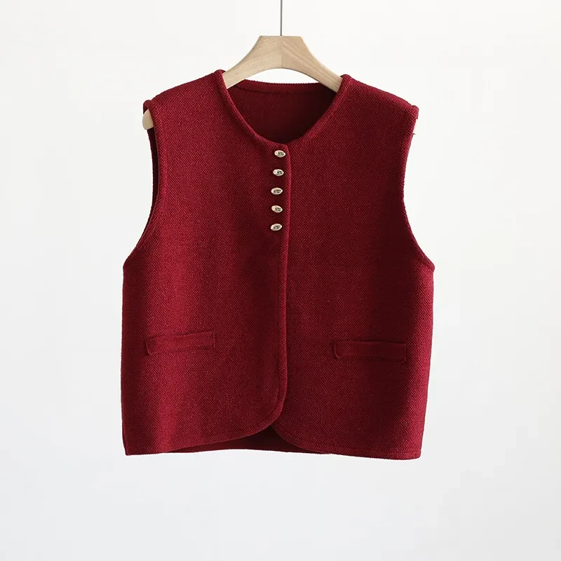 Static Luxury Old Money Style Round Neck Golden Bean Buckle Knitted Vest