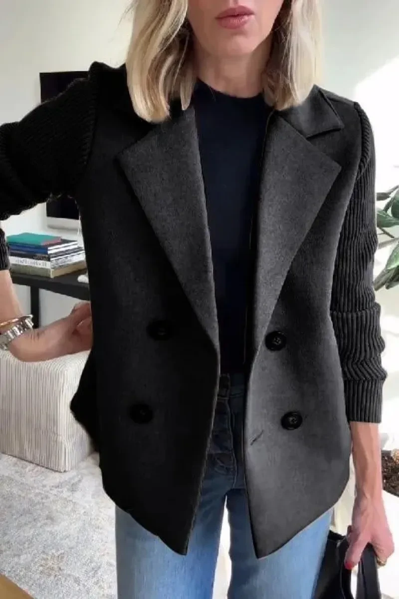 Double Breasted Lapel Jacket Fashion Knitted Sleeves Splicing Design Coat Outerwear Women's Clothing
