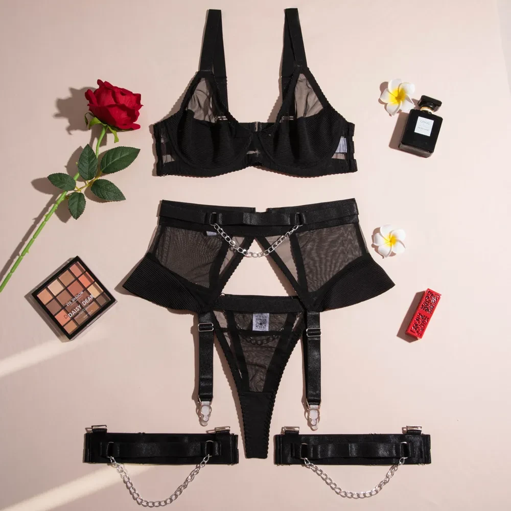 Black Steel Ring Mesh See-through Chain Underwear 4 PCs Set