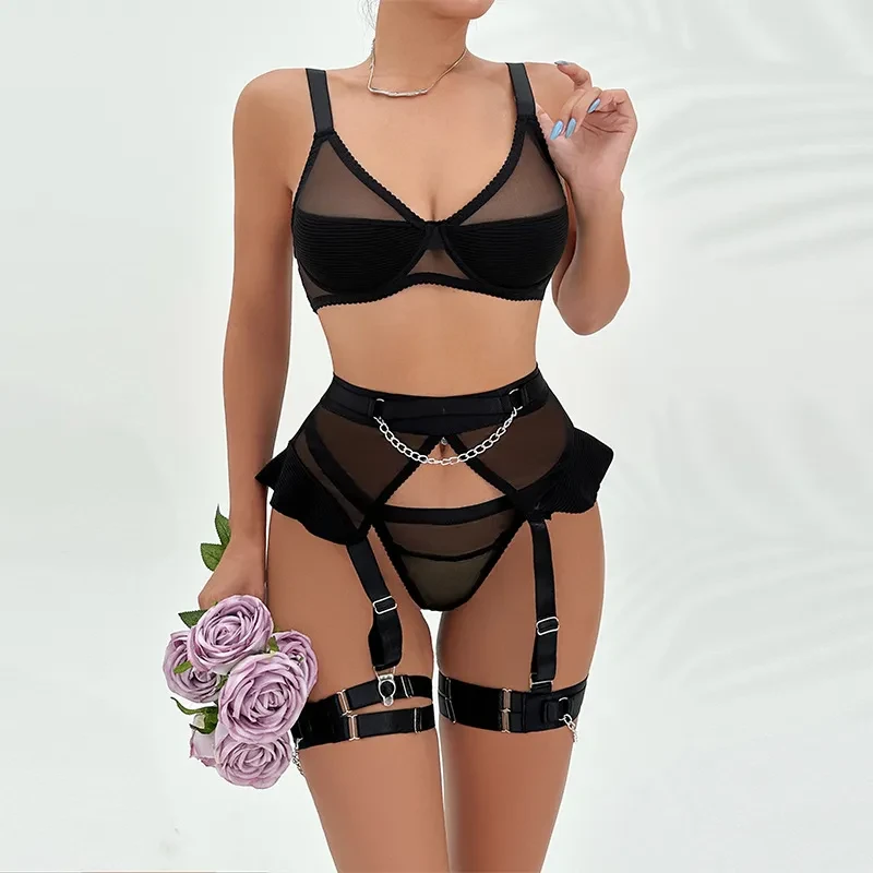 Black Steel Ring Mesh See-through Chain Underwear 4 PCs Set