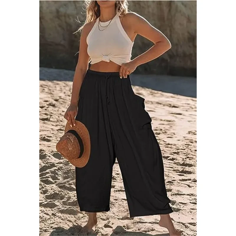 Fashion Wide Leg Pants Summer Loose Elastic High Waist Pleated Trousers