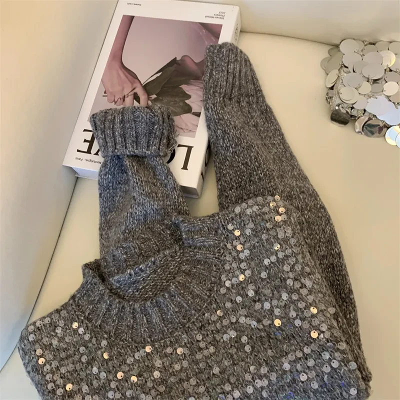 Autumn And Winter New Round Neck Heavy Embroidery Sequins Knitwear Top For Women