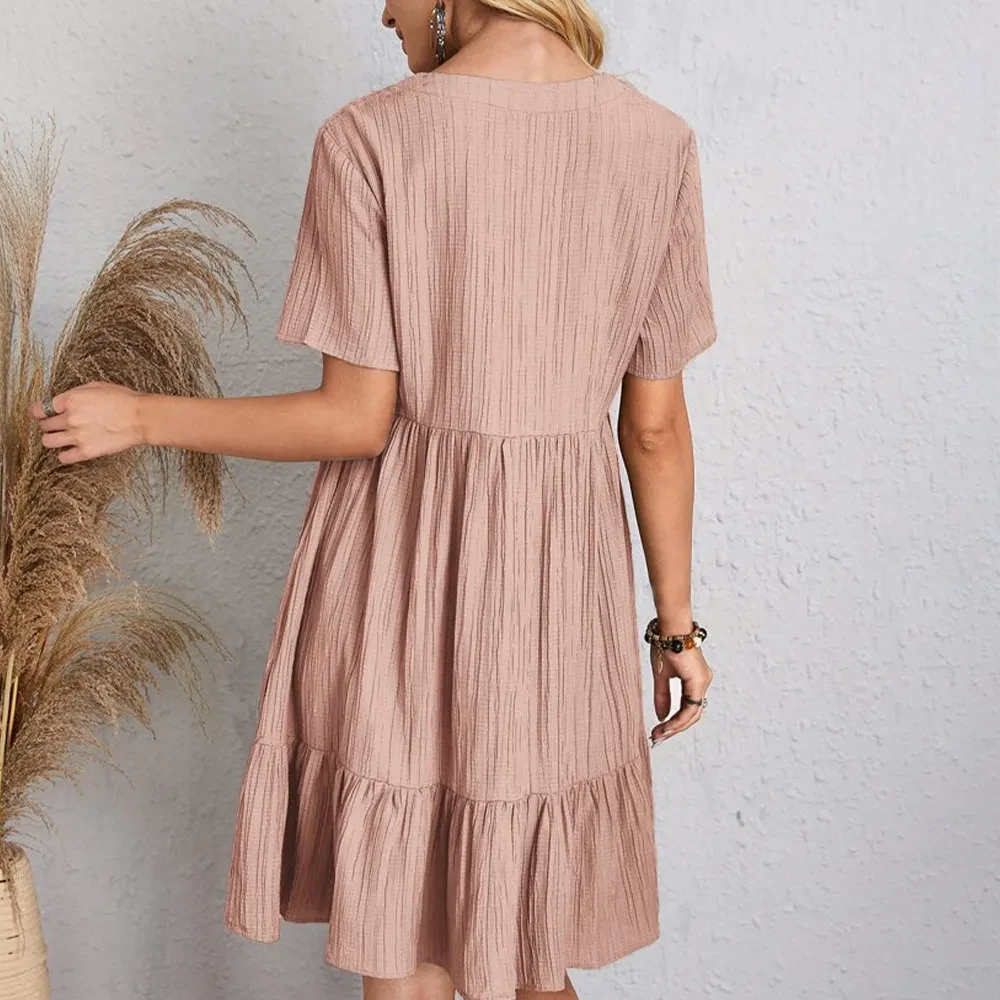V-neck Short Sleeve Dress Summer Fashion Casual Loose Ruffled Dresses Beach Clothing Women