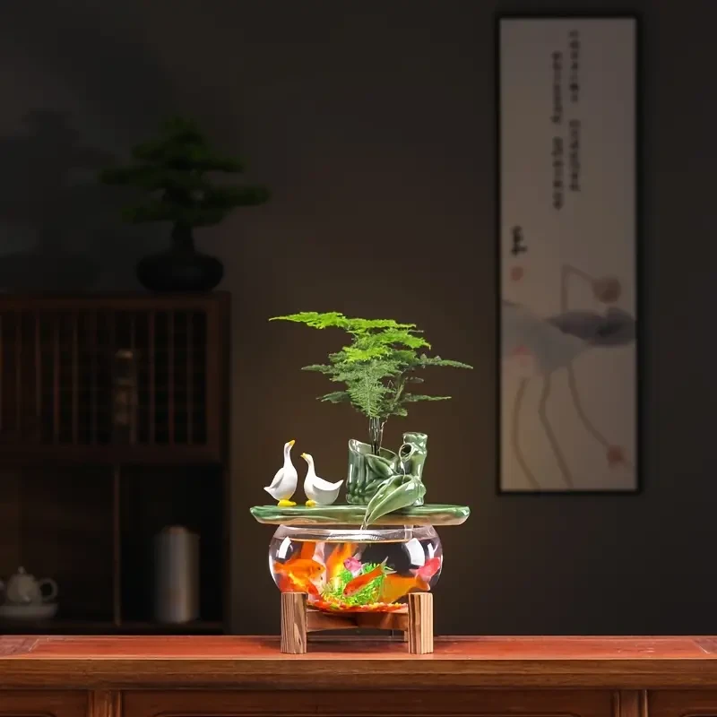 Ceramic Tabletop Fountain with USB Water Feature and Bamboo Stand