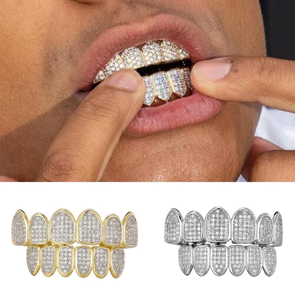 Feel Style Cool Teeth Grillz Set for Unisex Cubic Zirconia Stone Top & Bottom Grillz,