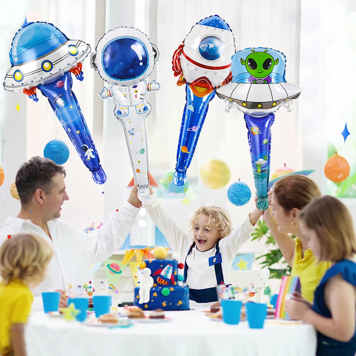 4pcs Space-Themed Astronauts & UFO Handheld Aluminum Film Balloons