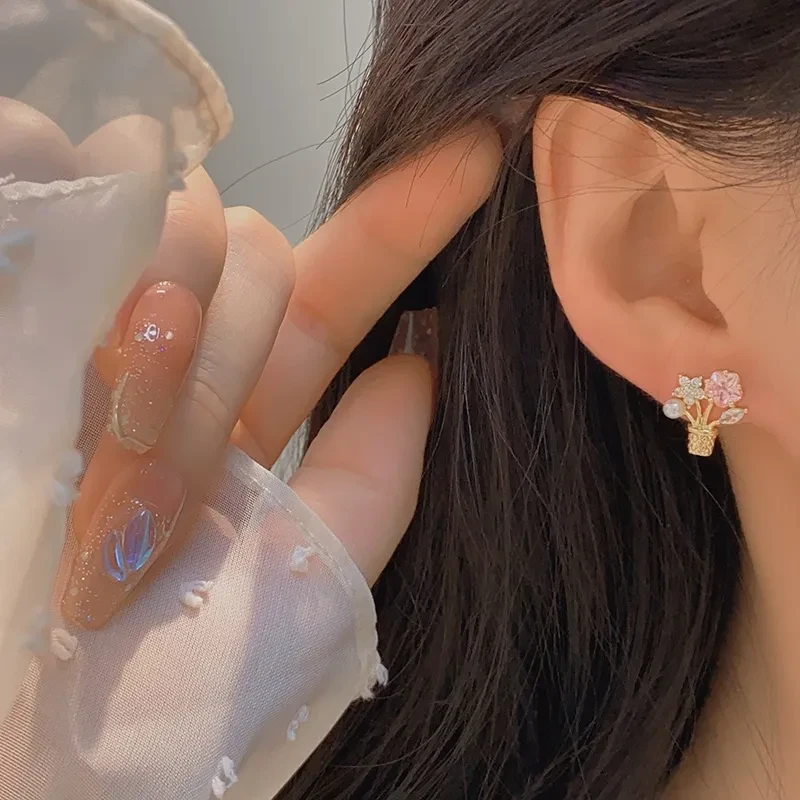 Flower Zircon Potted Bouquet Ear Studs Without Pierced Mosquito Coil Female Ear Clip