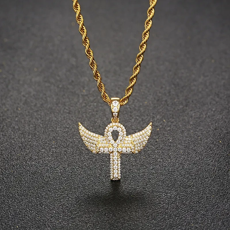 Zircon - Encrusted Angel Wing Cross Pendant Gold