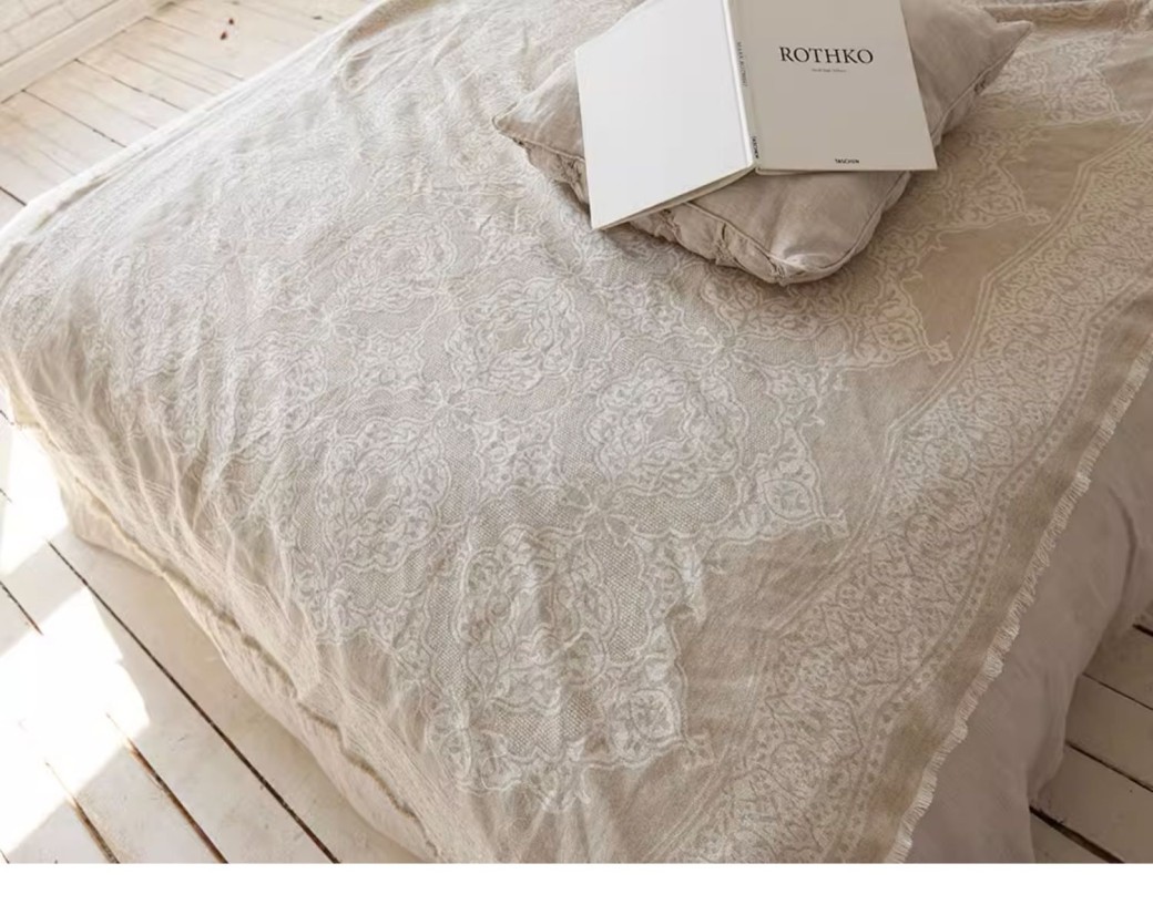 Jacquard Linen Cotton Bamboo Fiber Burrs Tassels Cover Blanket Sofa Tablecloth