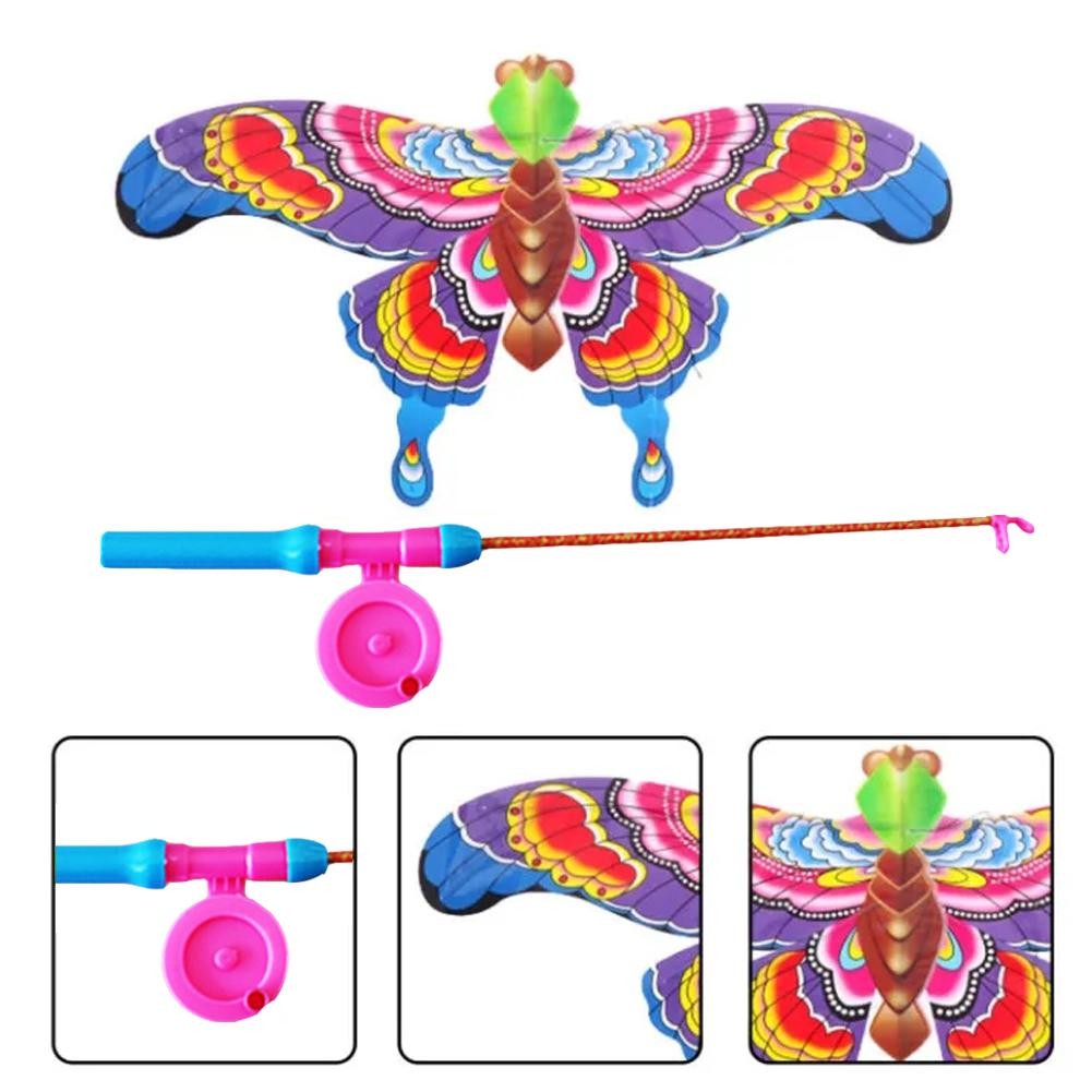 Childrens Kite Toy Cartoon Eagle & Butterfly Foldable Mini Kite with Hand Brake & Fishing Rod
