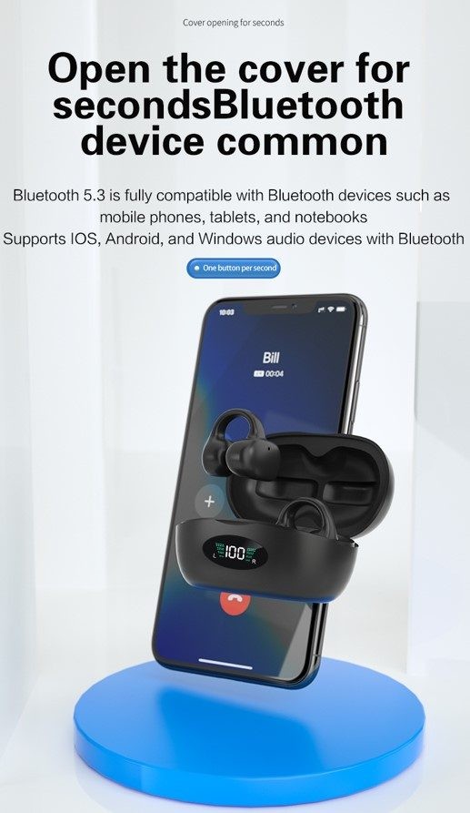 Ear Clip Earphone. HiFi Sound, Bluetooth, Black