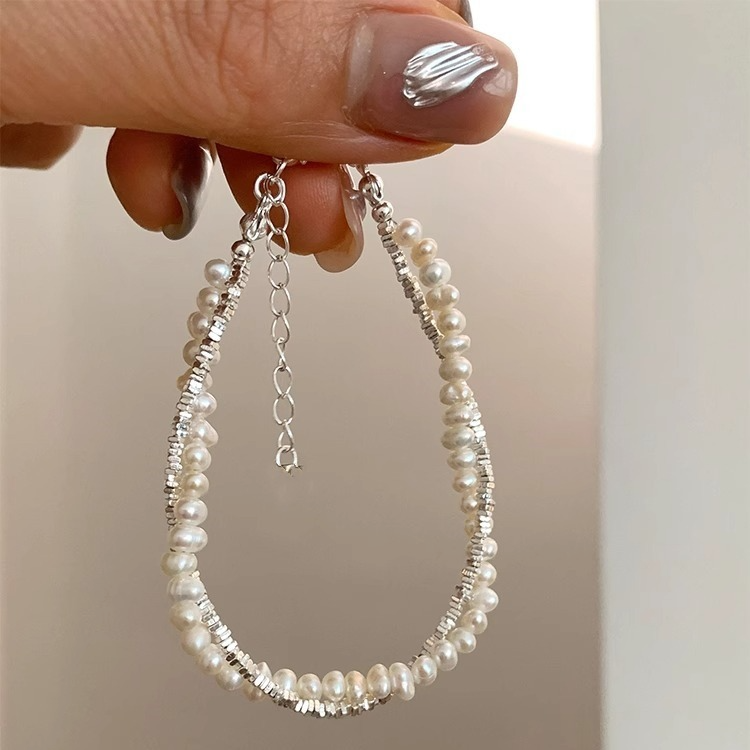 S925 Sterling Silver Natural Baroque Pearl Small Pieces Of Silver Double-layer Bracelet