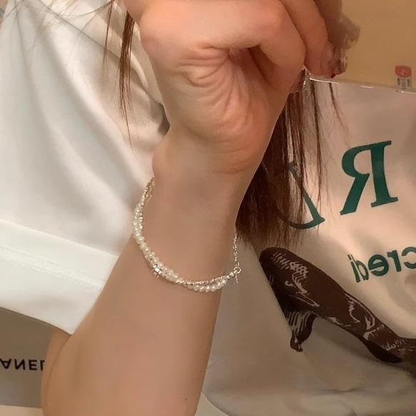 S925 Sterling Silver Natural Baroque Pearl Small Pieces Of Silver Double-layer Bracelet