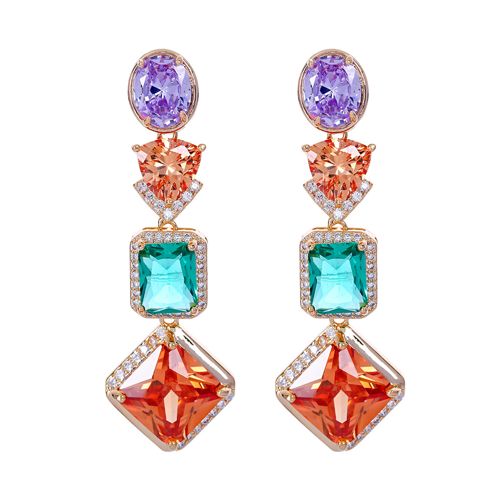 Tassel Geometric Water Drop Color Zircon 18K Gold Luxury Niche Temperament S925 Silver Stud Earrings