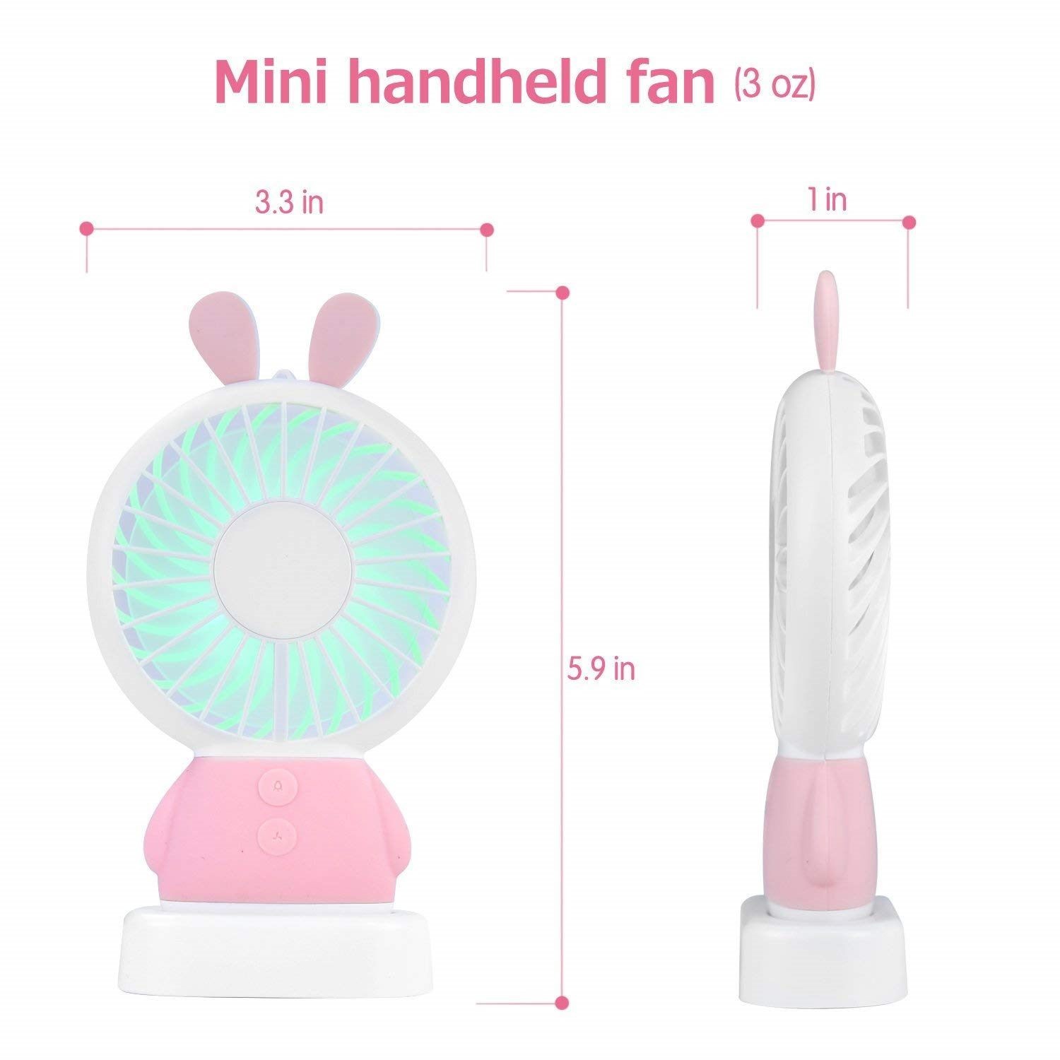 Handheld Fan, Rechargeable Multi-color LED, Pink Rabbit, Gift for Kids