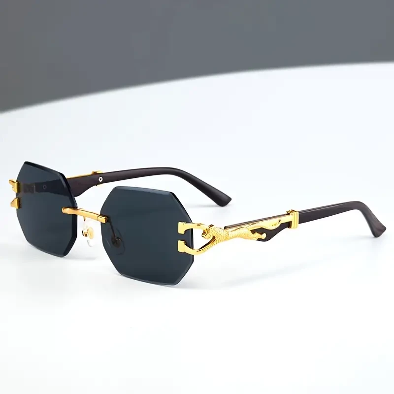 Vintage Rimless Polygonal Glasses with Leopard Temples