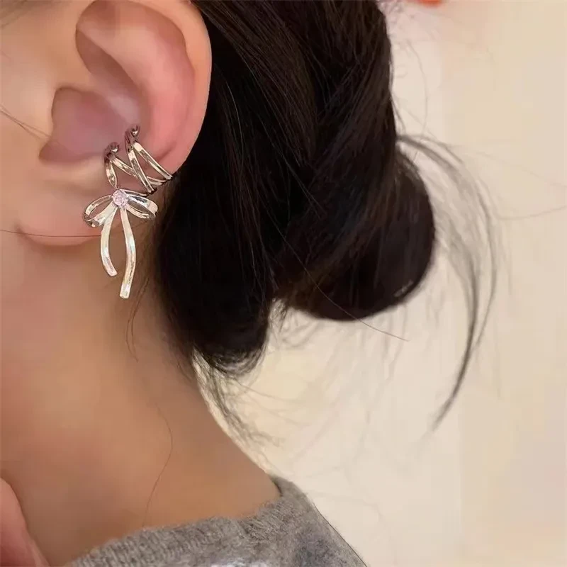 Fashion Jewelry New Ribbon Aesthetics Ear Clips Ballet Style Ribbon Bow-knot Ear Cuff For Women Fashion Non-Piercing Ear Clips Earrings