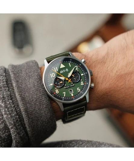 AVI-8 Hawker Hurricane Carey Dual Time Merville Green Dial Quartz AV-4088-02 Mens Watch