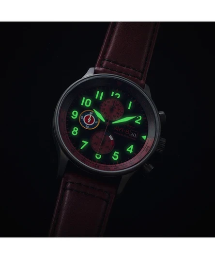 AVI-8 Hawker Hurricane Classic Chronograph Blood Red Leather Strap Black Dial Quartz AV-4011-0S Men's Watch
