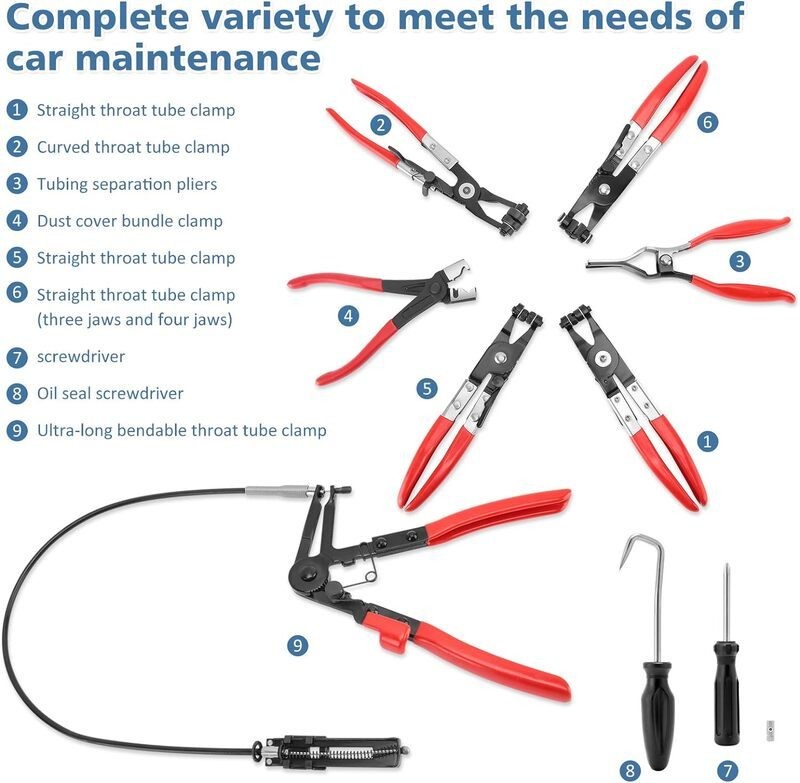 9pcs Flexible Hose Clamp Clip Pliers Set Swivel Jaw Flat Angled Band