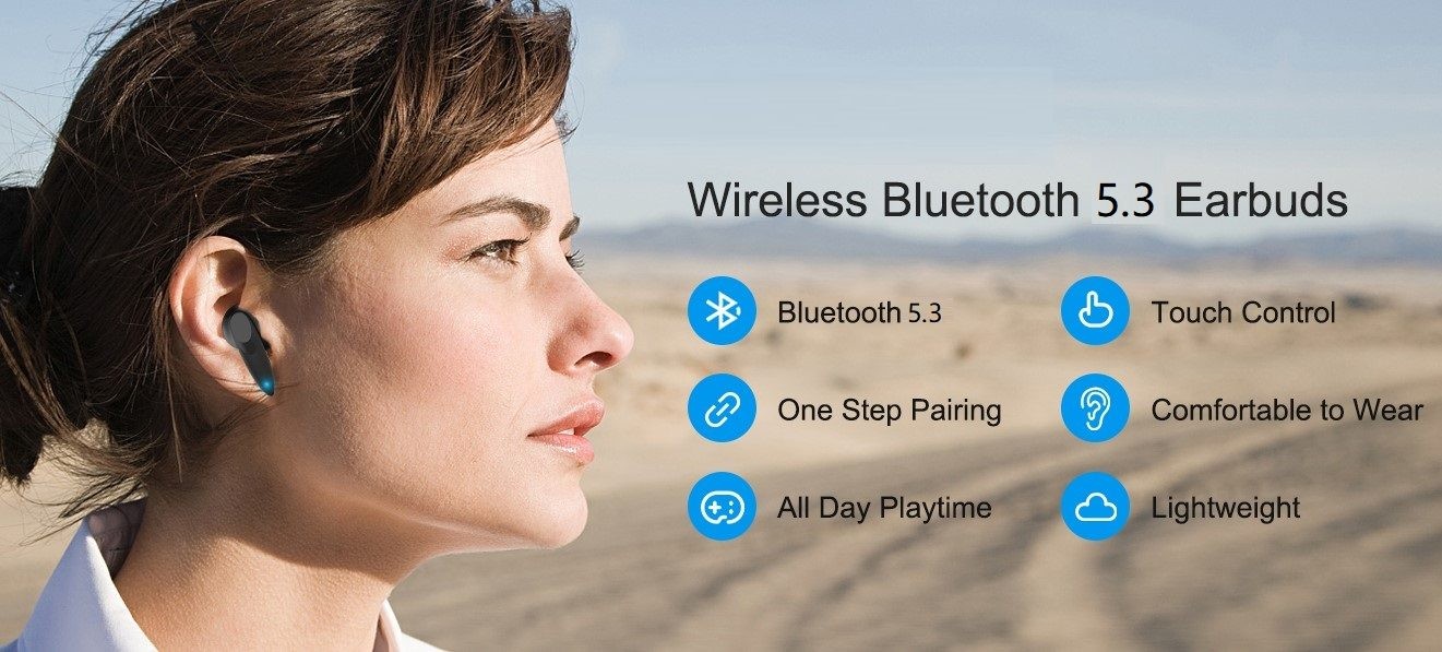 True Wireless Stereo Earbuds, HiFi Sound, Black.