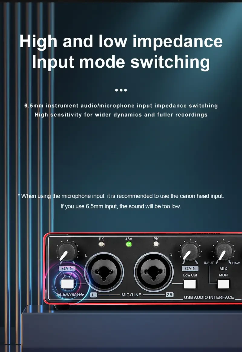 2-channel Audio Interface Sound Card With Display, Designed For Professional Recording Studio Mixer For Electric Guitar On-site Recording, Featuring 24Bit/196kHz High-resolution Recording For Music, XLR Interface With 48 Phantom Power Supply